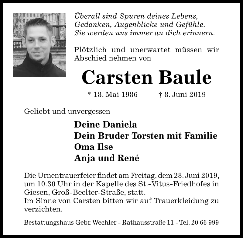  Traueranzeige für Carsten Baule vom 22.06.2019 aus Hildesheimer Allgemeine Zeitung