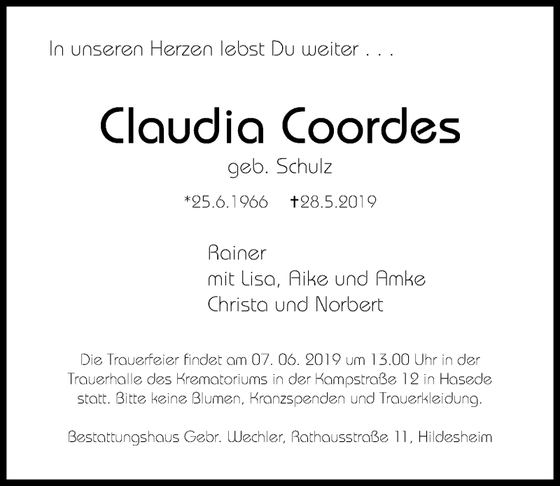  Traueranzeige für Claudia Coordes vom 01.06.2019 aus Hildesheimer Allgemeine Zeitung