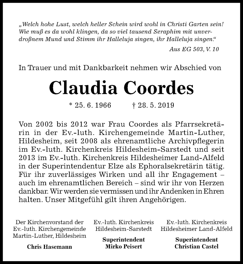  Traueranzeige für Claudia Coordes vom 04.06.2019 aus Hildesheimer Allgemeine Zeitung
