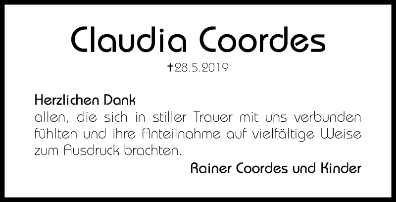  Traueranzeige für Claudia Coordes vom 15.06.2019 aus Hildesheimer Allgemeine Zeitung