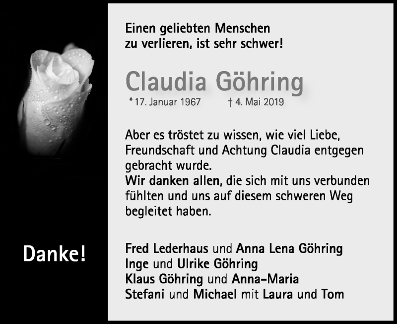  Traueranzeige für Claudia Göhring vom 08.06.2019 aus Hildesheimer Allgemeine Zeitung