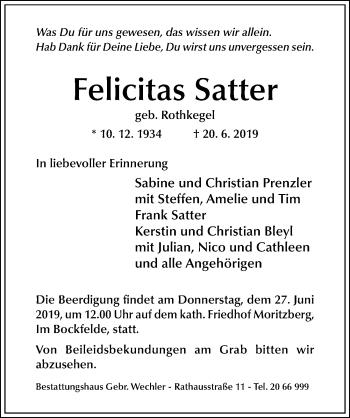 Traueranzeige von Felicitas Satter von Hildesheimer Allgemeine Zeitung