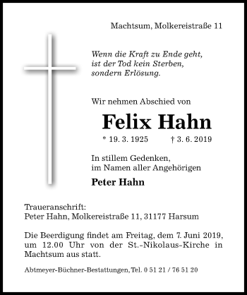 Traueranzeige von Felix Hahn von Hildesheimer Allgemeine Zeitung