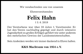 Traueranzeige von Felix Hahn von Hildesheimer Allgemeine Zeitung