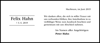 Traueranzeige von Felix Hahn von Hildesheimer Allgemeine Zeitung