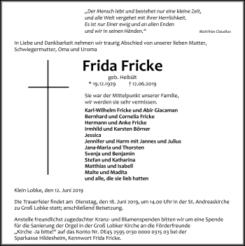 Traueranzeige von Frida Fricke von Hildesheimer Allgemeine Zeitung