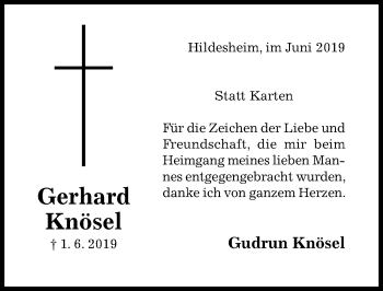 Traueranzeige von Gerhard Knösel von Hildesheimer Allgemeine Zeitung