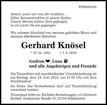 Traueranzeige von Gerhard Knösel von Hildesheimer Allgemeine Zeitung