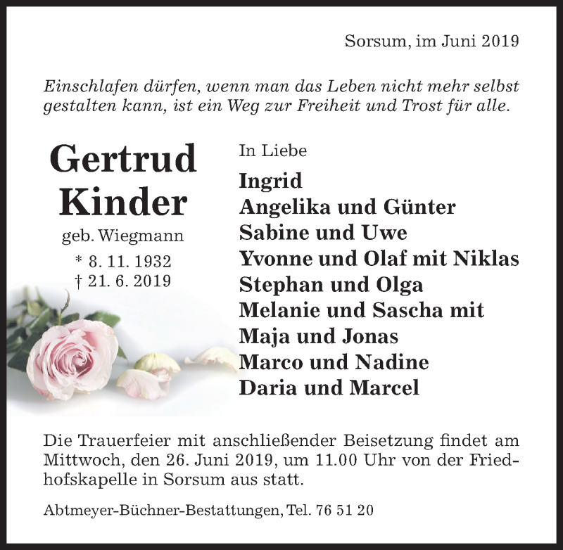  Traueranzeige für Gertrud Kinder vom 25.06.2019 aus Hildesheimer Allgemeine Zeitung