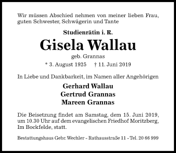 Traueranzeige von Gisela Wallau von Hildesheimer Allgemeine Zeitung