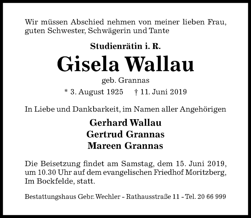  Traueranzeige für Gisela Wallau vom 13.06.2019 aus Hildesheimer Allgemeine Zeitung