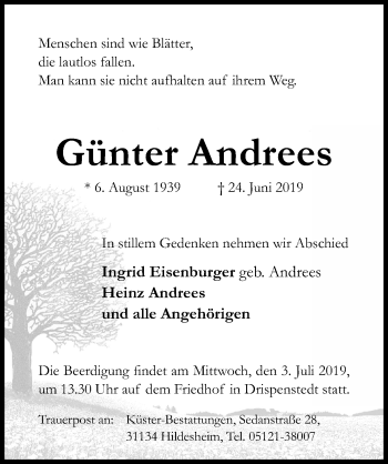 Traueranzeige von Günter Andrees von Hildesheimer Allgemeine Zeitung