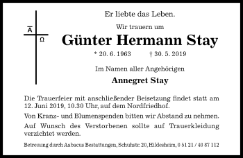 Traueranzeige von Günter Hermann Stay von Hildesheimer Allgemeine Zeitung