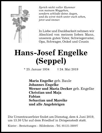 Traueranzeige von Hans-Josef Engelke von Hildesheimer Allgemeine Zeitung