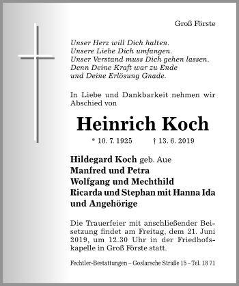 Traueranzeige von Heinrich Koch von Hildesheimer Allgemeine Zeitung