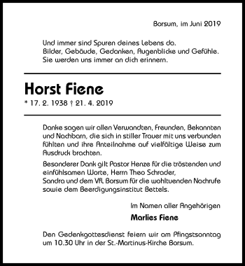 Traueranzeige von Horst Fiene von Hildesheimer Allgemeine Zeitung