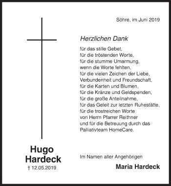 Traueranzeige von Hugo Hardeck von Hildesheimer Allgemeine Zeitung