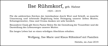 Traueranzeige von Ilse Rühmkorf von Hildesheimer Allgemeine Zeitung