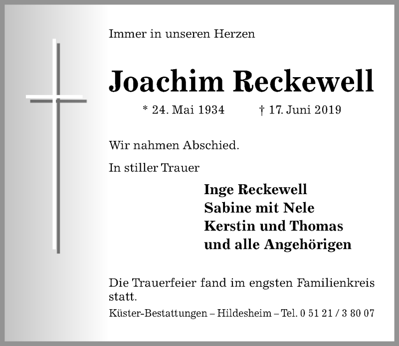  Traueranzeige für Joachim Reckewell vom 22.06.2019 aus Hildesheimer Allgemeine Zeitung
