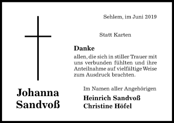 Traueranzeige von Johanna Sandvoß von Hildesheimer Allgemeine Zeitung