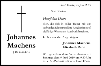 Traueranzeige von Johannes Machens von Hildesheimer Allgemeine Zeitung