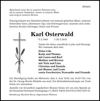 Traueranzeige von Karl Osterwald von Hildesheimer Allgemeine Zeitung