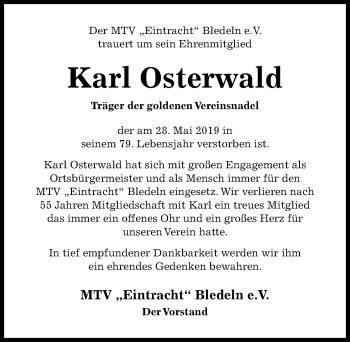 Traueranzeige von Karl Osterwald von Hildesheimer Allgemeine Zeitung