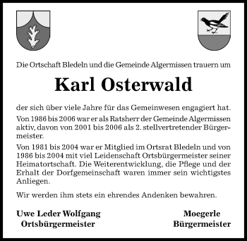 Traueranzeige von Karl Osterwald von Hildesheimer Allgemeine Zeitung