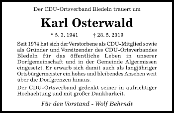 Traueranzeige von Karl Osterwald von Hildesheimer Allgemeine Zeitung