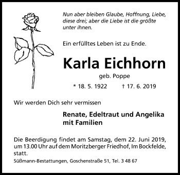 Traueranzeige von Karla Eichhorn von Hildesheimer Allgemeine Zeitung