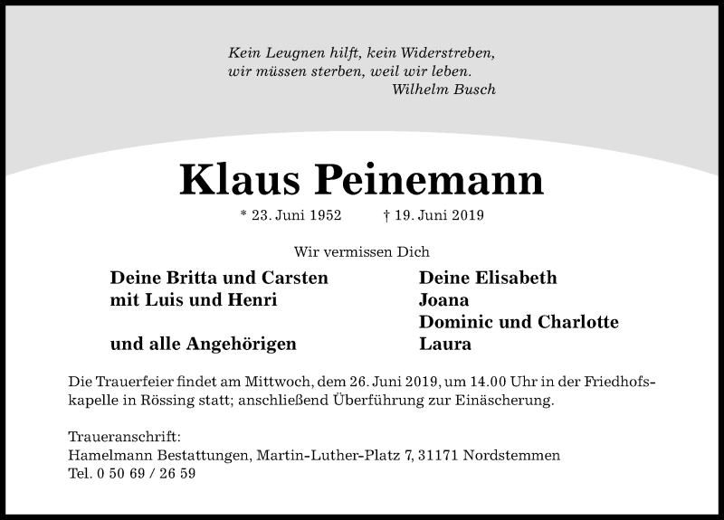  Traueranzeige für Klaus Peinemann vom 22.06.2019 aus Hildesheimer Allgemeine Zeitung