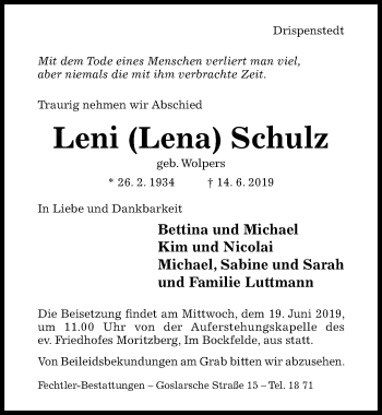 Traueranzeige von Leni Schulz von Hildesheimer Allgemeine Zeitung