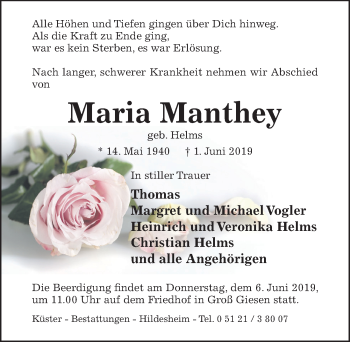 Traueranzeige von Maria Manthey von Hildesheimer Allgemeine Zeitung