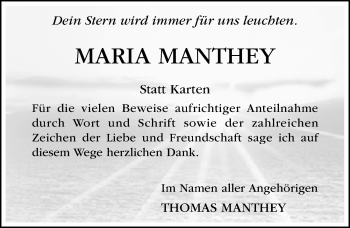 Traueranzeige von Maria Manthey von Hildesheimer Allgemeine Zeitung