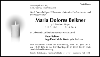 Traueranzeige von Maria Dolores Belkner von Hildesheimer Allgemeine Zeitung