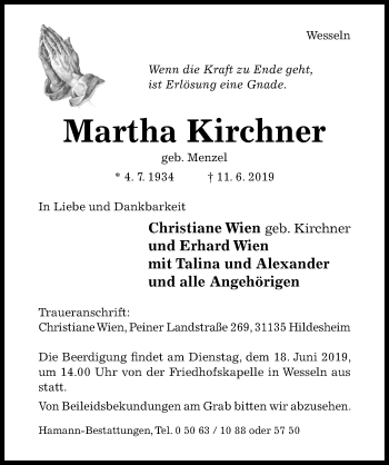 Traueranzeige von Martha Kirchner von Hildesheimer Allgemeine Zeitung