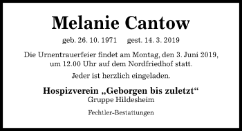 Traueranzeige von Melanie Cantow von Hildesheimer Allgemeine Zeitung