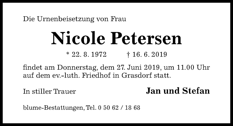  Traueranzeige für Nicole Petersen vom 25.06.2019 aus Hildesheimer Allgemeine Zeitung