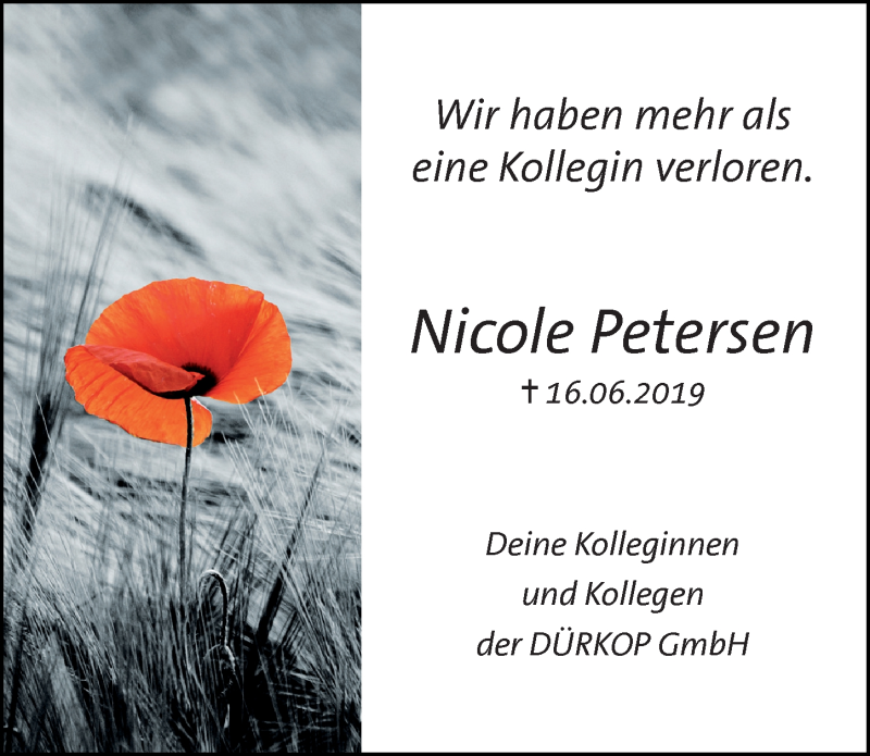  Traueranzeige für Nicole Petersen vom 22.06.2019 aus Hildesheimer Allgemeine Zeitung