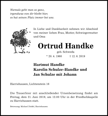 Traueranzeige von Ortrud Handke von Hildesheimer Allgemeine Zeitung