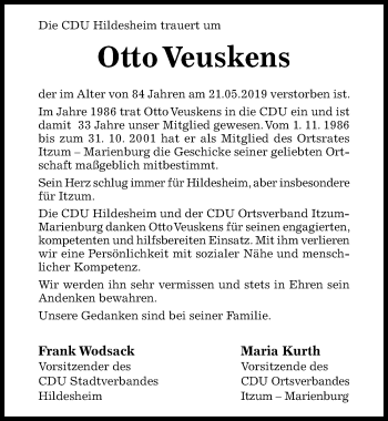 Traueranzeige von Otto Veuskens von Hildesheimer Allgemeine Zeitung