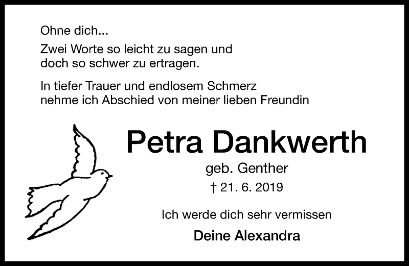  Traueranzeige für Petra Dankwerth vom 29.06.2019 aus Hildesheimer Allgemeine Zeitung