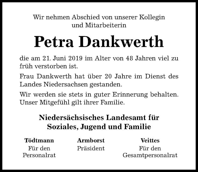  Traueranzeige für Petra Dankwerth vom 27.06.2019 aus Hildesheimer Allgemeine Zeitung
