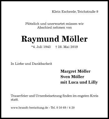 Traueranzeige von Raymund Möller von Hildesheimer Allgemeine Zeitung