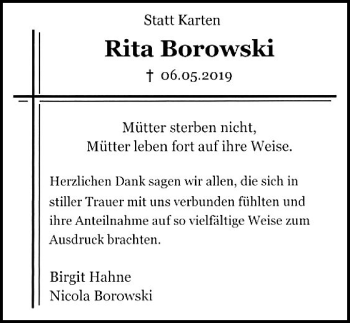 Traueranzeige von Rita Borowski von Hildesheimer Allgemeine Zeitung