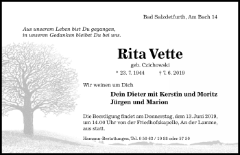 Traueranzeige von Rita Vette von Hildesheimer Allgemeine Zeitung