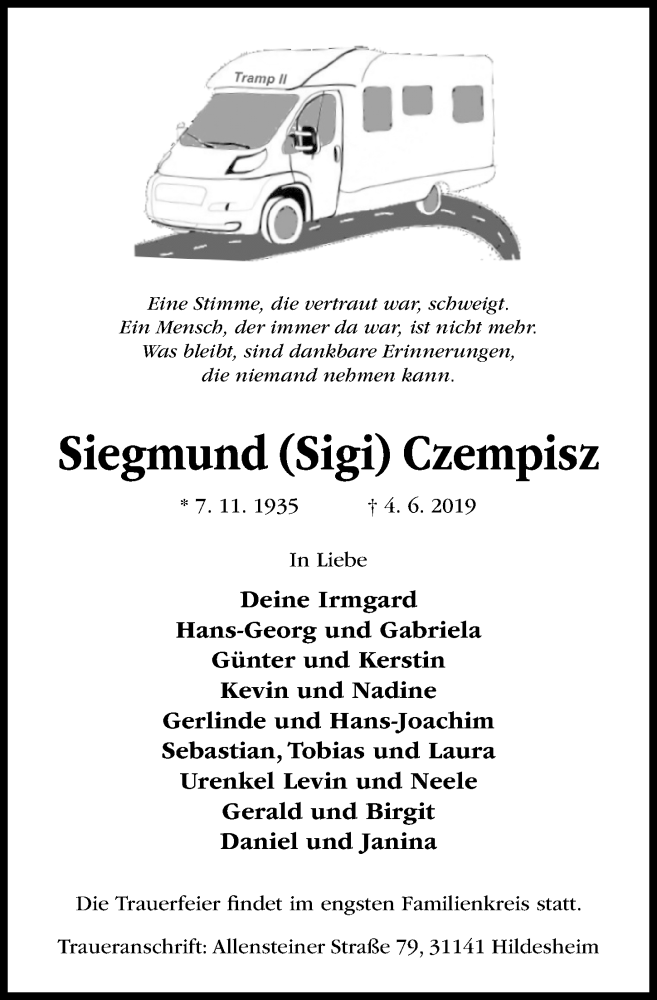  Traueranzeige für Siegmund  Czempisz vom 08.06.2019 aus Hildesheimer Allgemeine Zeitung