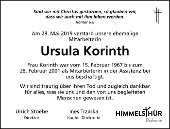 Traueranzeige von Ursula Korinth von Hildesheimer Allgemeine Zeitung