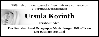 Traueranzeige von Ursula Korinth von Hildesheimer Allgemeine Zeitung