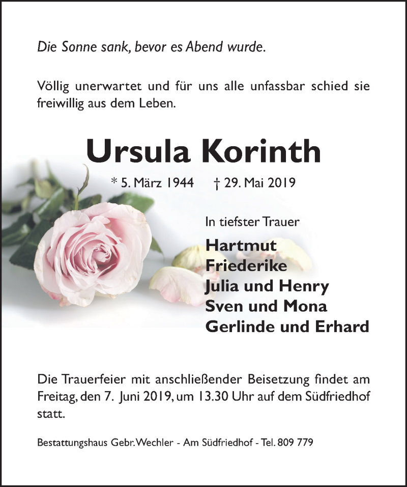  Traueranzeige für Ursula Korinth vom 04.06.2019 aus Hildesheimer Allgemeine Zeitung